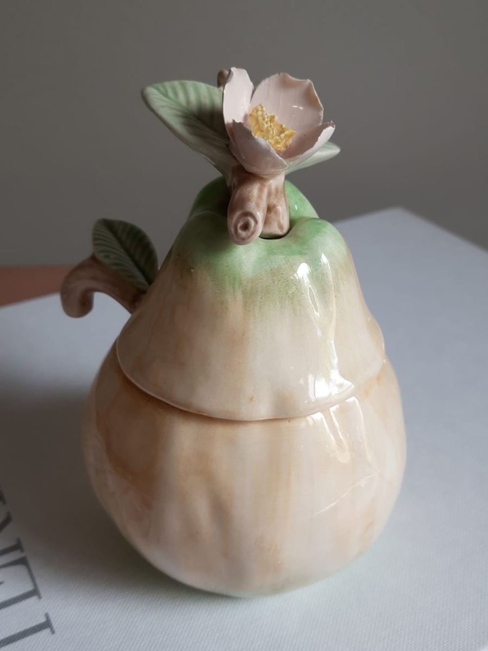 Fitz & Floyd 1982 Hand-Painted Ceramic Peach Jar with Blossom Lid
